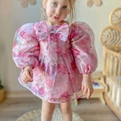  Little Honey Bunnies - Robe rose en organza pour fille avec nœud ballon